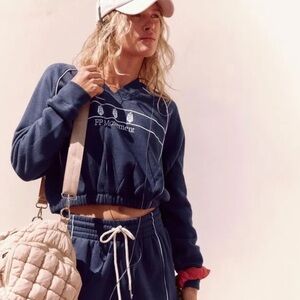 Free People Movement Seeing Double Navy Blue Cropped Crew and Shorts Set NWT S